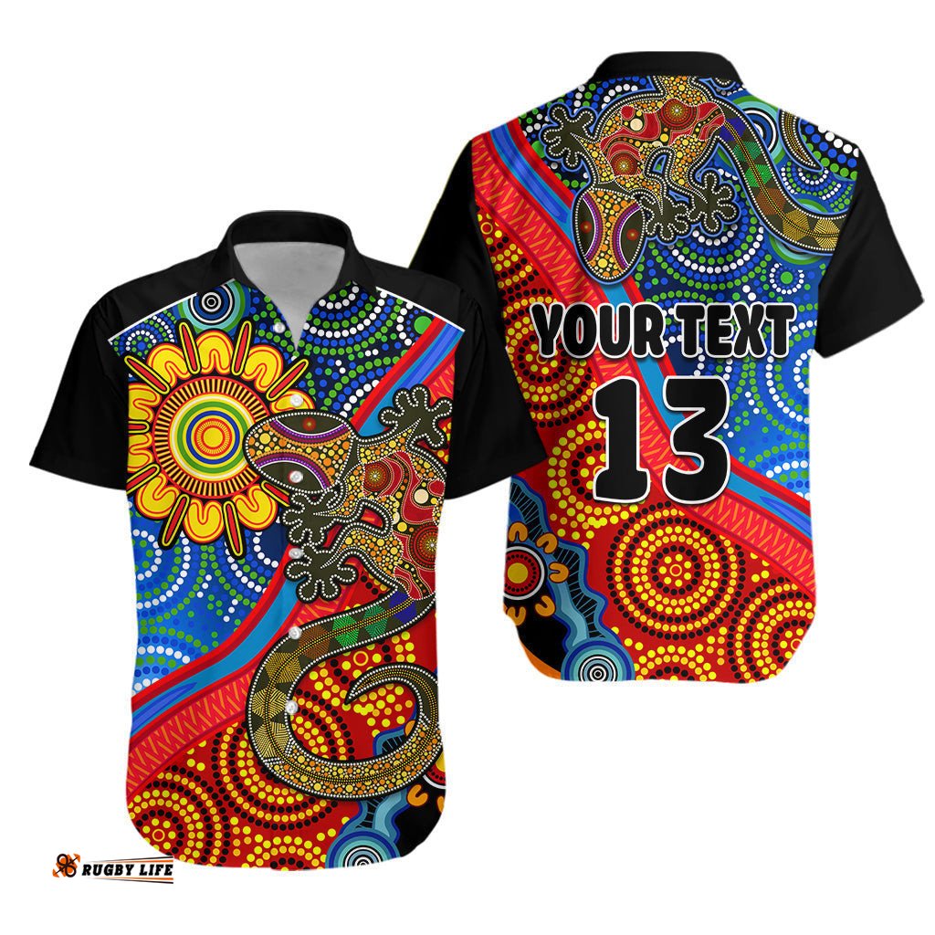 Custom Text and Number Australia Lizard and Sun Hawaiian Shirt Aboriginal Art Speical