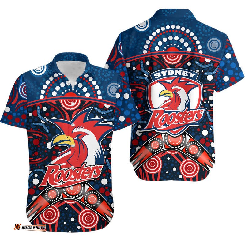 Roosters Rugby Hawaiian Shirt Boomerang Indigenous Dots