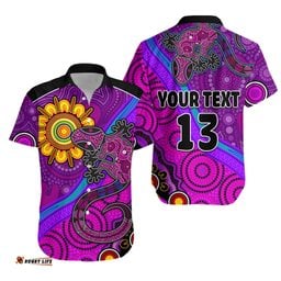 Custom Text and Number Australia Lizard and Sun Hawaiian Shirt Aboriginal Art Purple