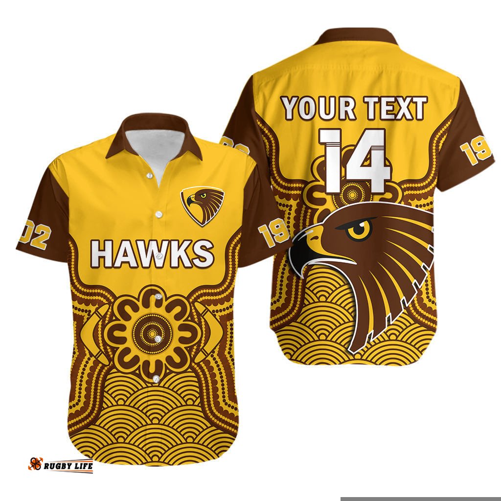 Custom Text And Number Hawthorn Football Hawaiian Shirt Go Hawks 1902 Aboriginal Art