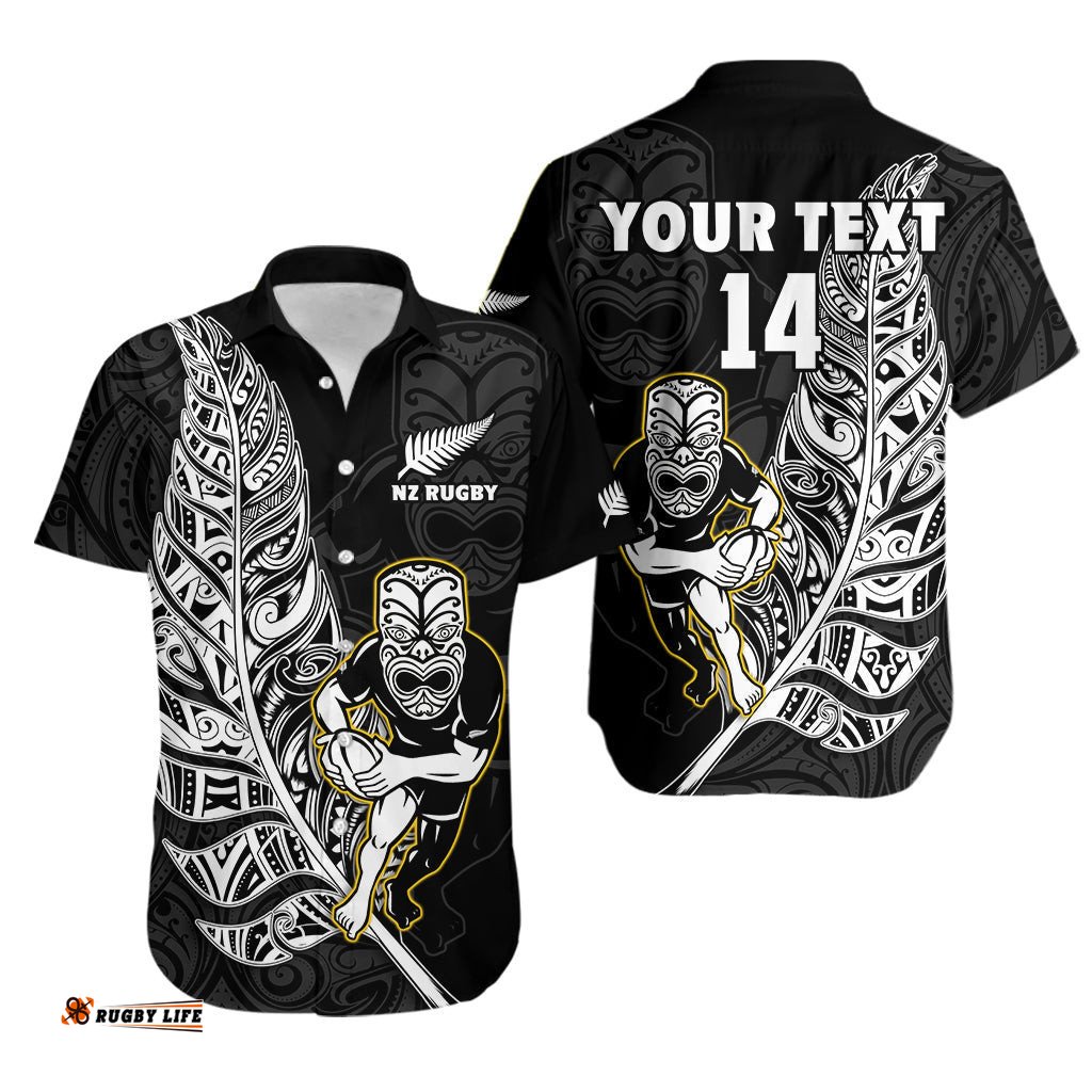 Custom Text And Number New Zealand Silver Fern Rugby Hawaiian Shirt All Black Maori Version Black