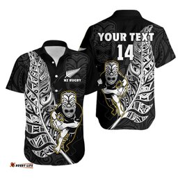 Custom Text And Number New Zealand Silver Fern Rugby Hawaiian Shirt All Black Maori Version Black