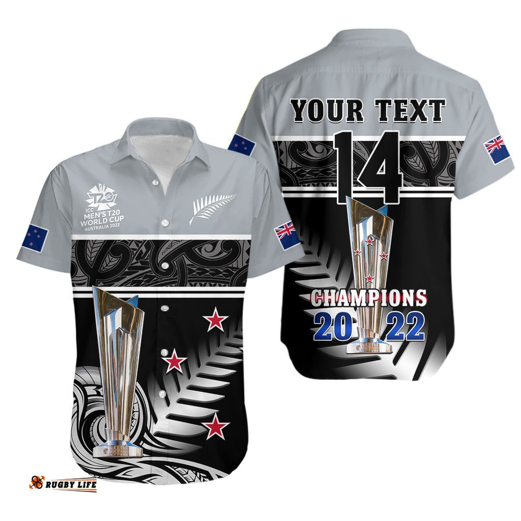 Custom Text And Number New Zealand Cricket Hawaiian Shirt Black Caps Champions Mens T20 WC