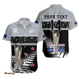 Custom Text And Number New Zealand Cricket Hawaiian Shirt Black Caps Champions Mens T20 WC