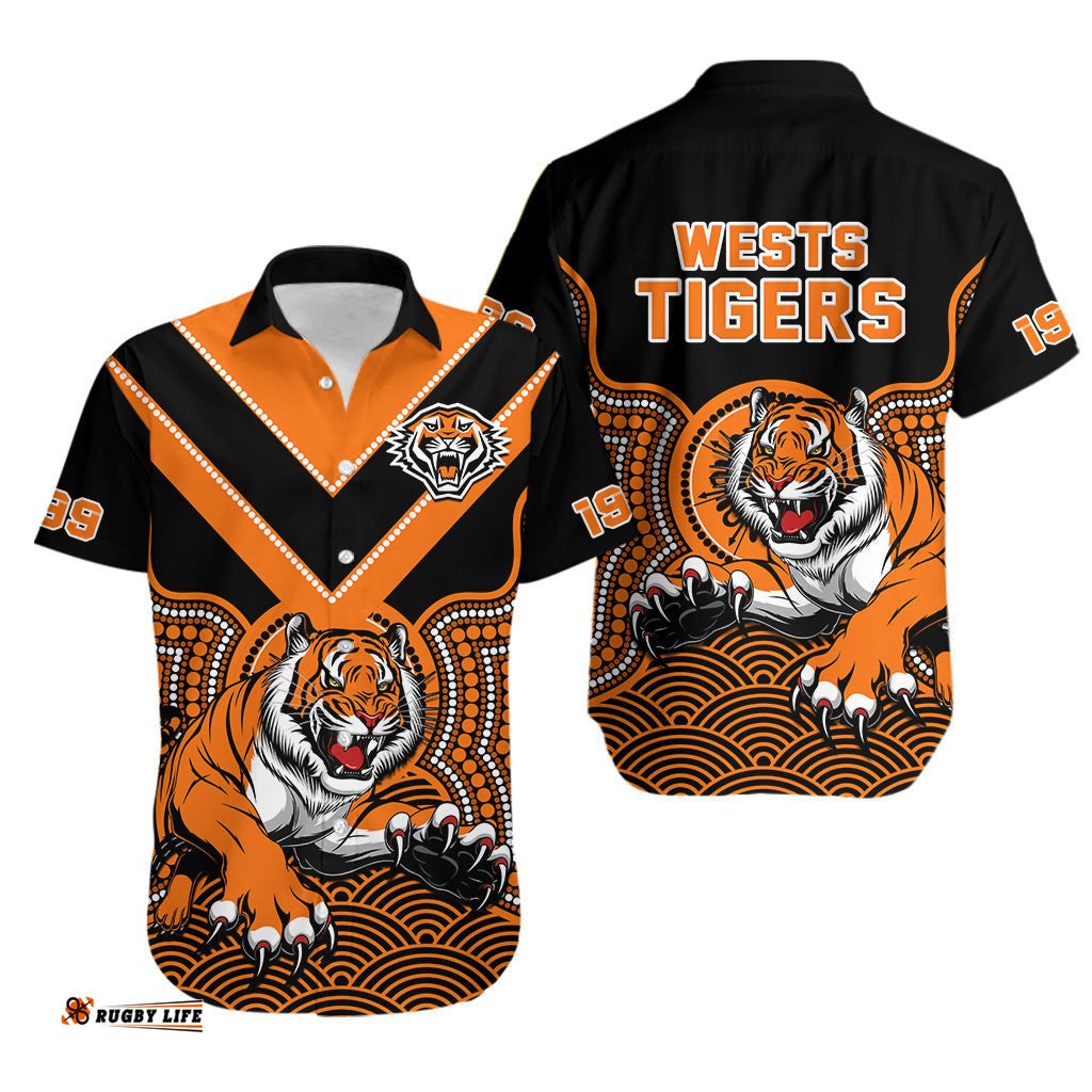 Wests Tigers Rugby Hawaiian Shirt Indigenous Black Artsy