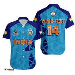 Custom Text And Number India Cricket Hawaiian Shirt Men in Blue Mens T20 World Cup