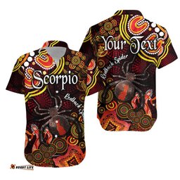 Custom Personalised Australian Astrology Hawaiian Shirt Scorpio Redback Spider Zodiac Aboriginal Vibes Red