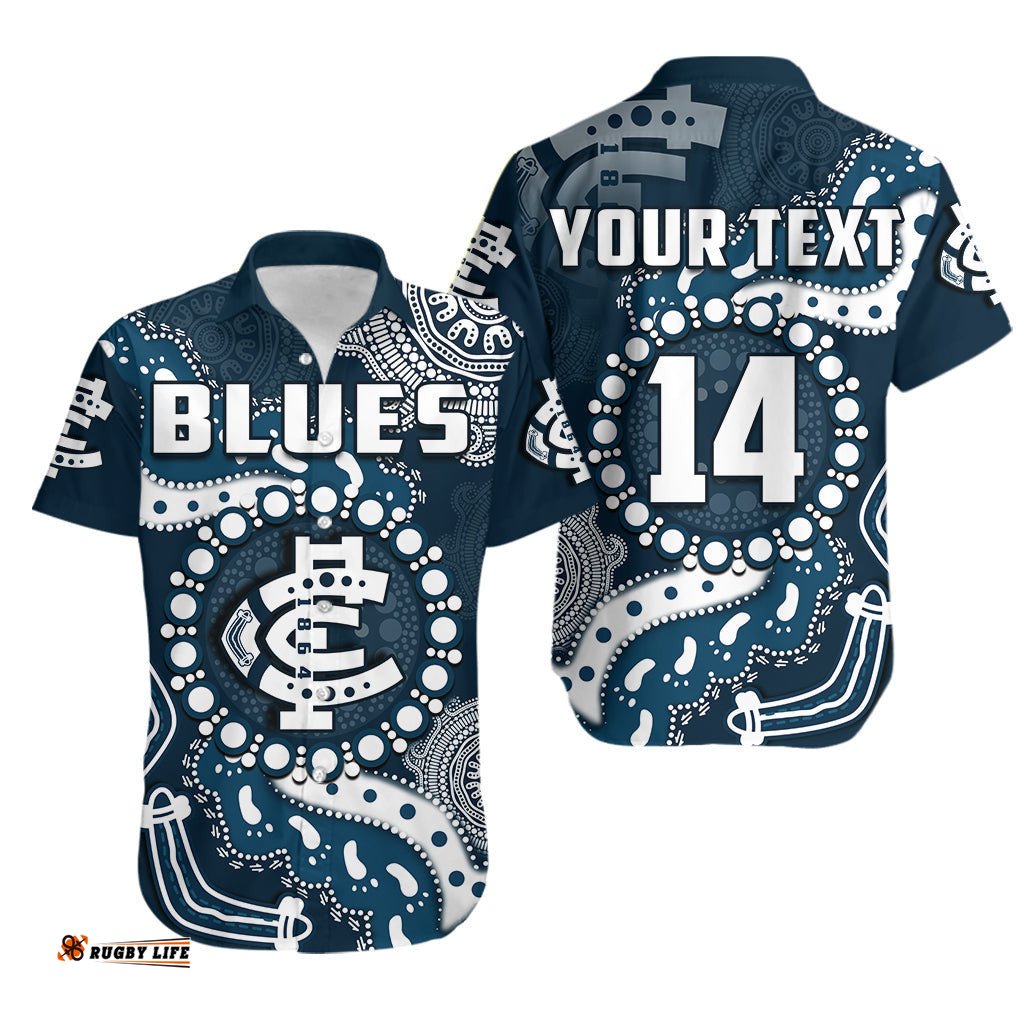 Custom Text And Number Carlton Football Hawaiian Shirt Blues 1864 Boomerang Indigenous Artsy