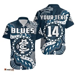Custom Text And Number Carlton Football Hawaiian Shirt Blues 1864 Boomerang Indigenous Artsy