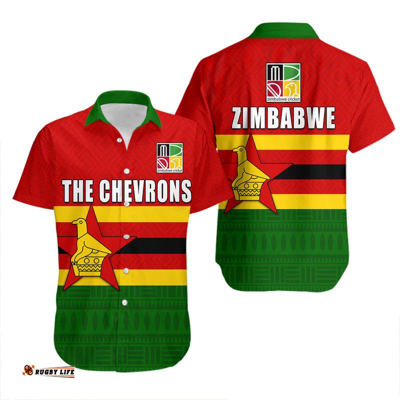 The Chevrons Cricket Mix Zimbabwe Flag and Indigenous Pattern Hawaiian Shirt