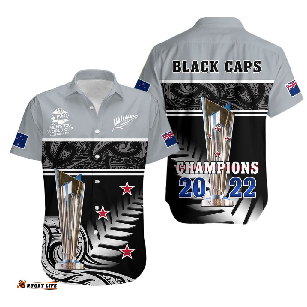 New Zealand Cricket Hawaiian Shirt Black Caps Champions Mens T20 WC