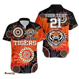 Custom Text And Number Wests Tigers Indigenous Aboriginal Rugby Hawaiian Shirt