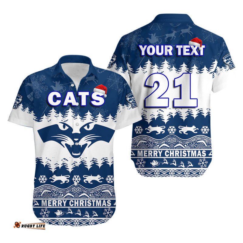 Custom Personalised And Number Geelong Cats Unique Winter Season Hawaiian Shirt Cats Merry Christmas