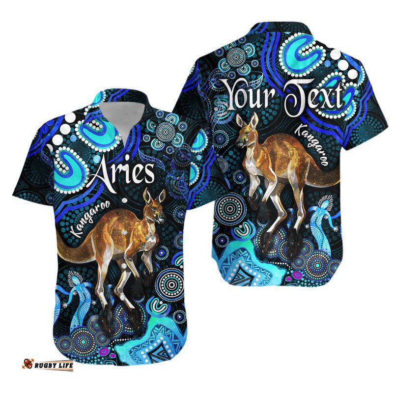 Custom Personalised Australian Astrology Hawaiian Shirt Aries Kangaroo Zodiac Aboriginal Vibes Blue