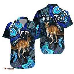 Custom Personalised Australian Astrology Hawaiian Shirt Aries Kangaroo Zodiac Aboriginal Vibes Blue