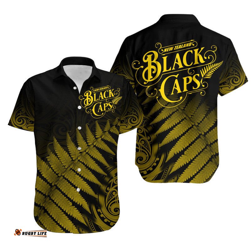 New Zealand Kiwis Cricket Team Hawaiian Shirt Black Caps Silver Fern Mixed Maori Pattern Version Gold