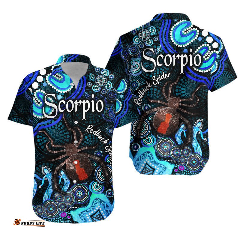 Australian Astrology Hawaiian Shirt Scorpio Redback Spider Zodiac Aboriginal Vibes Blue
