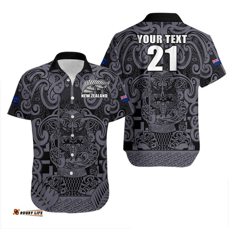 Custom Text And Number New Zealand Taiaha Maori Hawaiian Shirt Minimalist Silver Fern All Black