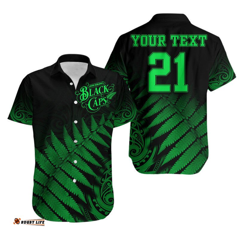 Custom Personalised New Zealand Kiwis Cricket Team Hawaiian Shirt Black Caps Silver Fern Mixed Maori Pattern Version Green