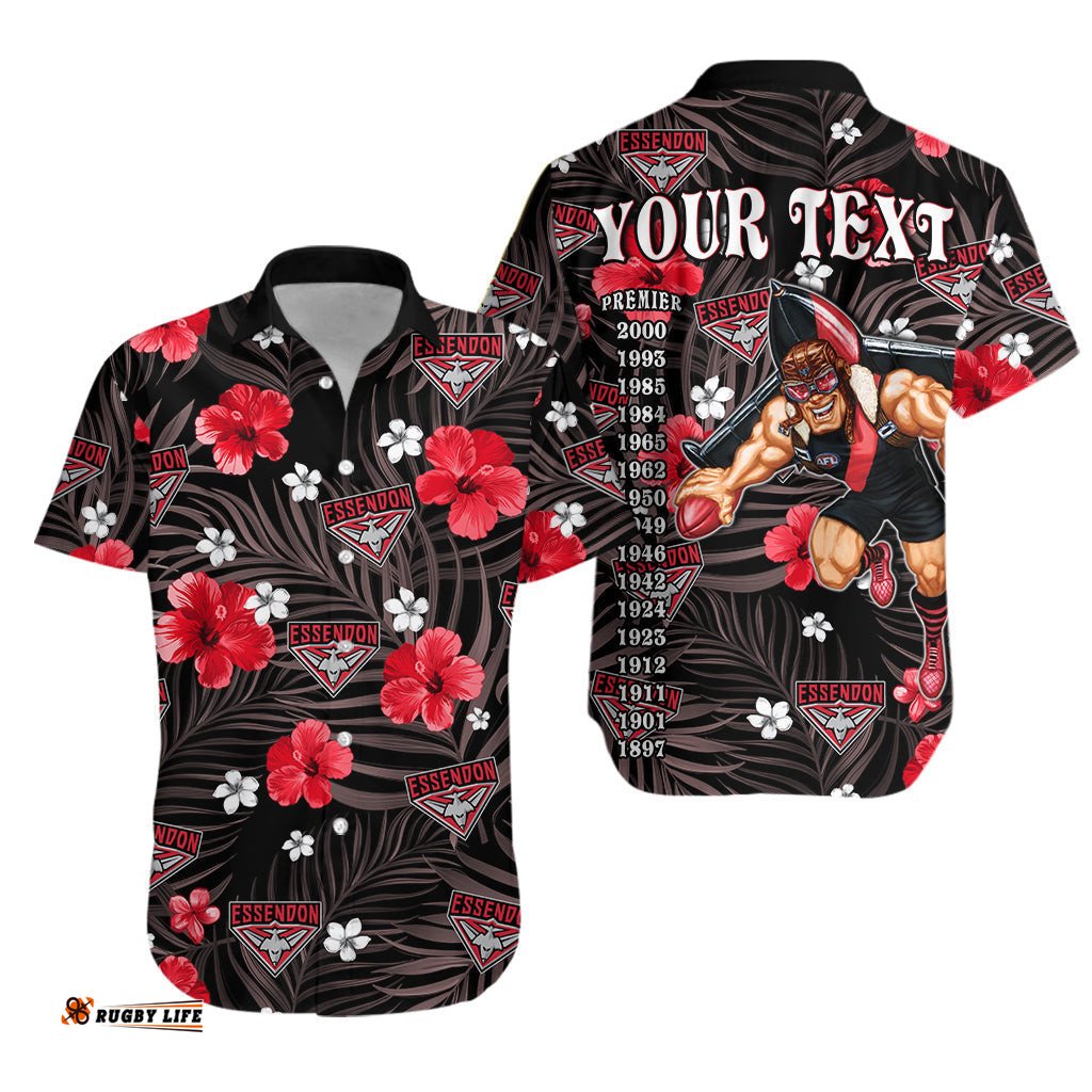 Custom Personalised Bombers Football Hawaiian Shirt Essendon Premiers Tropical Flowers Impressive