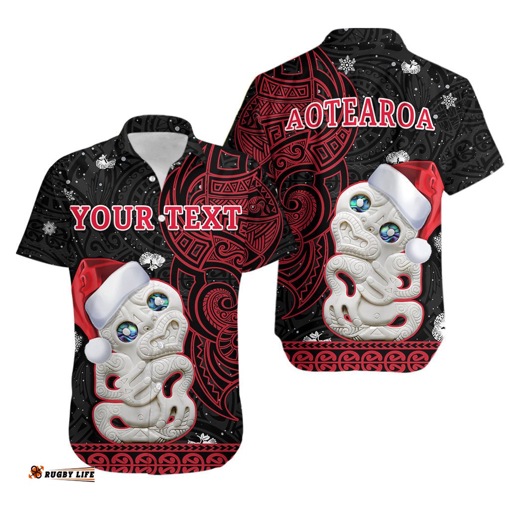 Custom Personalised New Zealand Christmas Hawaiian Shirt Hei Tiki Red Pohutukawa Meri Kirihimete