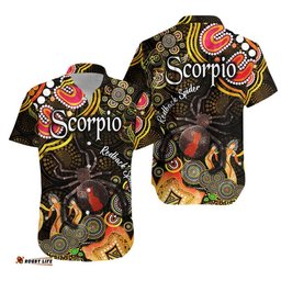 Australian Astrology Hawaiian Shirt Scorpio Redback Spider Zodiac Aboriginal Vibes Gold