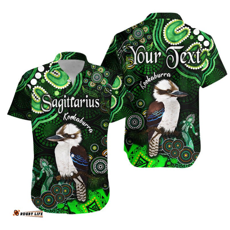 Custom Personalised Australian Astrology Hawaiian Shirt Sagittarius Kookaburra Zodiac Aboriginal Vibes Green