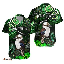 Custom Personalised Australian Astrology Hawaiian Shirt Sagittarius Kookaburra Zodiac Aboriginal Vibes Green