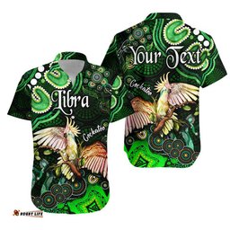 Custom Personalised Australian Astrology Hawaiian Shirt Libra Cockatoo Glider Zodiac Aboriginal Vibes Green