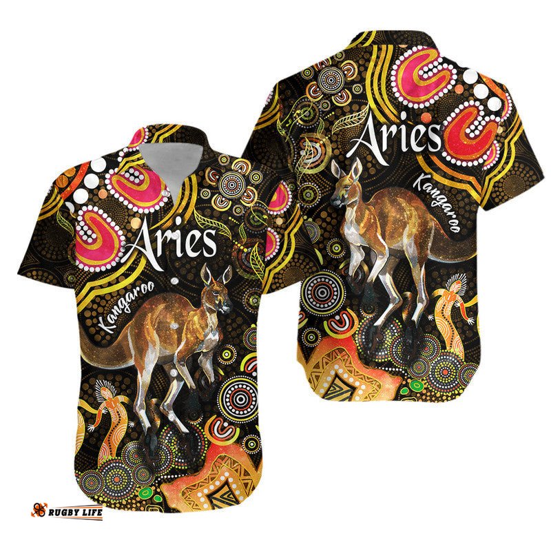 Australian Astrology Hawaiian Shirt Aries Kangaroo Zodiac Aboriginal Vibes Gold