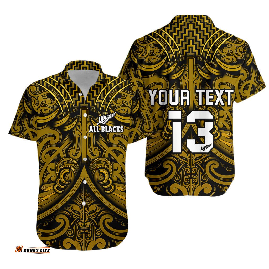 Custom Text and Number New Zealand Silver Fern Rugby Hawaiian Shirt All Black Gold NZ Maori Pattern
