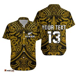 Custom Text and Number New Zealand Silver Fern Rugby Hawaiian Shirt All Black Gold NZ Maori Pattern