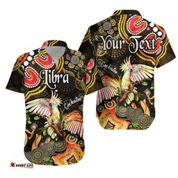 Custom Personalised Australian Astrology Hawaiian Shirt Libra Cockatoo Glider Zodiac Aboriginal Vibes Gold