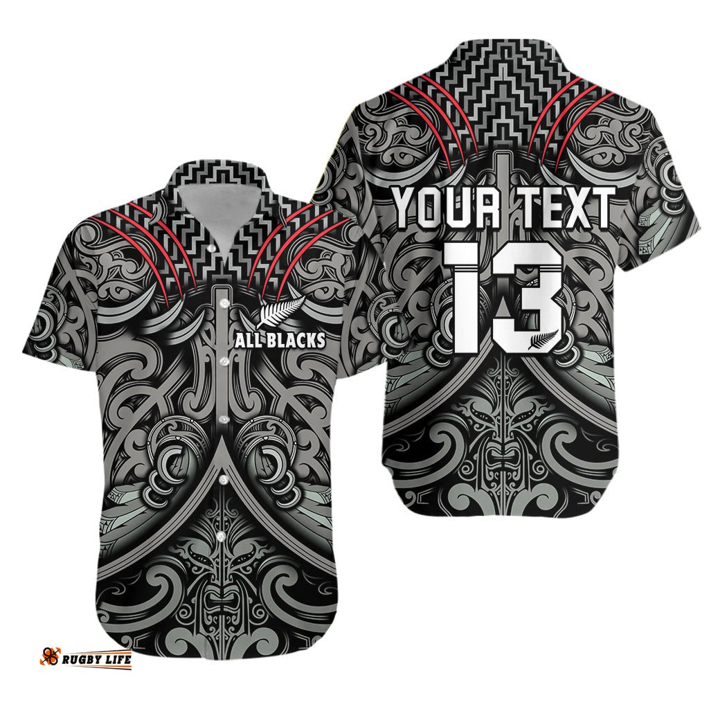 Custom Text and Number New Zealand Silver Fern Rugby Hawaiian Shirt All Black NZ Maori Pattern