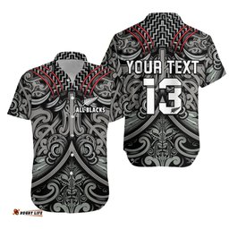 Custom Text and Number New Zealand Silver Fern Rugby Hawaiian Shirt All Black NZ Maori Pattern