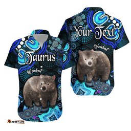 Custom Personalised Australian Astrology Hawaiian Shirt Taurus Wombat Zodiac Aboriginal Vibes Blue