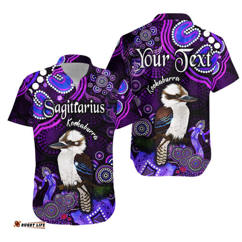 Custom Personalised Australian Astrology Hawaiian Shirt Sagittarius Kookaburra Zodiac Aboriginal Vibes Purple