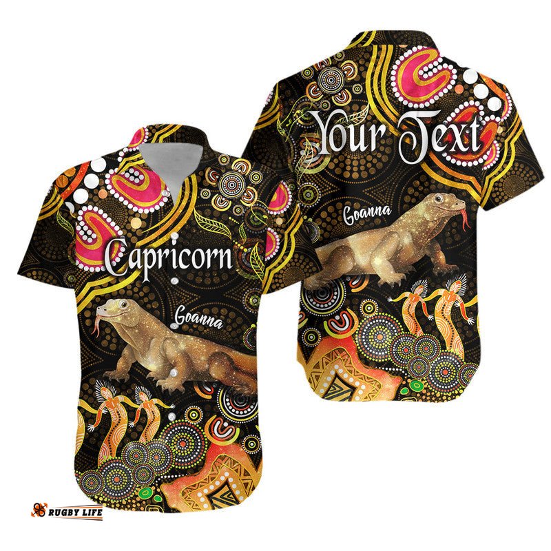 Custom Personalised Australian Astrology Hawaiian Shirt Capricorn Goanna Zodiac Aboriginal Vibes Gold