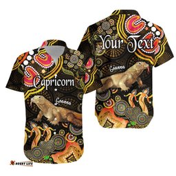 Custom Personalised Australian Astrology Hawaiian Shirt Capricorn Goanna Zodiac Aboriginal Vibes Gold