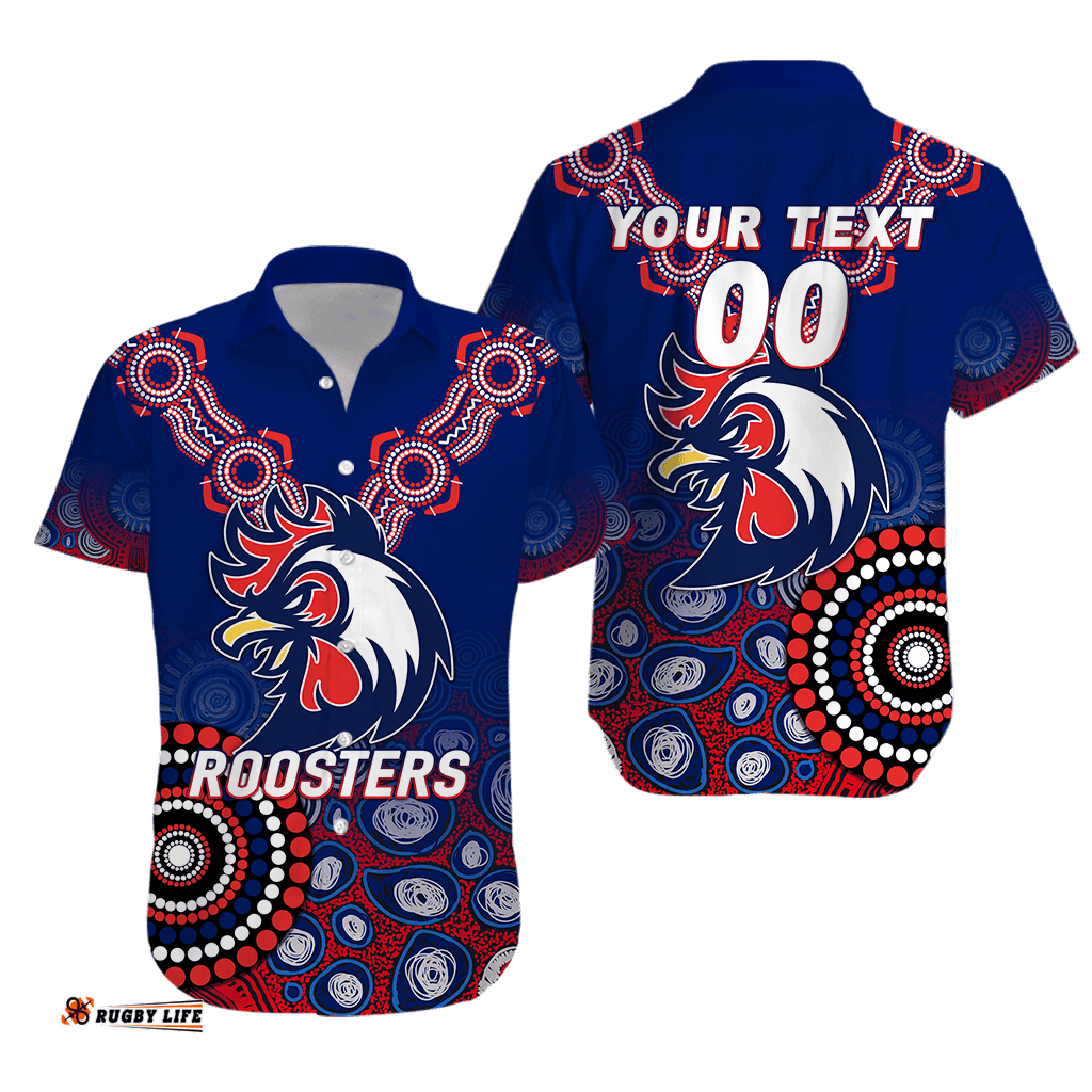Custom Personalised Roosters Rugby Aboriginal Art Hawaiian Shirt