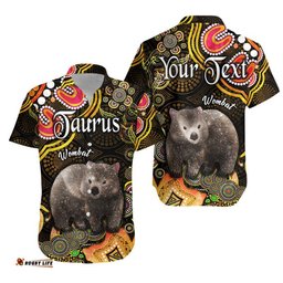 Custom Personalised Australian Astrology Hawaiian Shirt Taurus Wombat Zodiac Aboriginal Vibes Gold