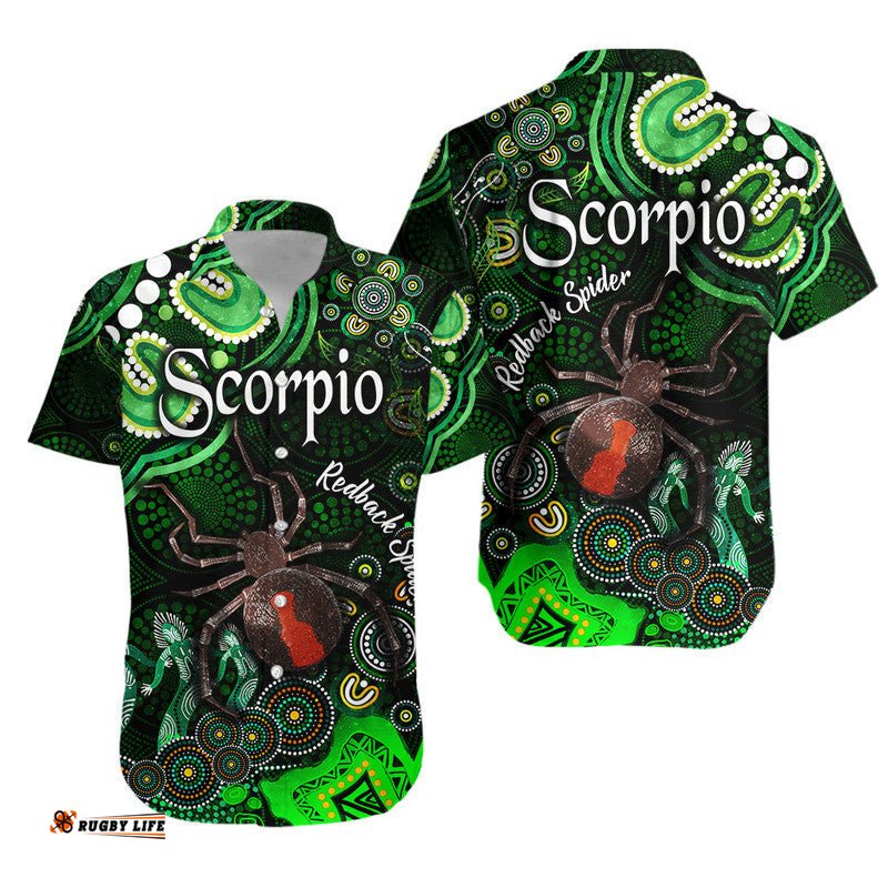 Australian Astrology Hawaiian Shirt Scorpio Redback Spider Zodiac Aboriginal Vibes Green
