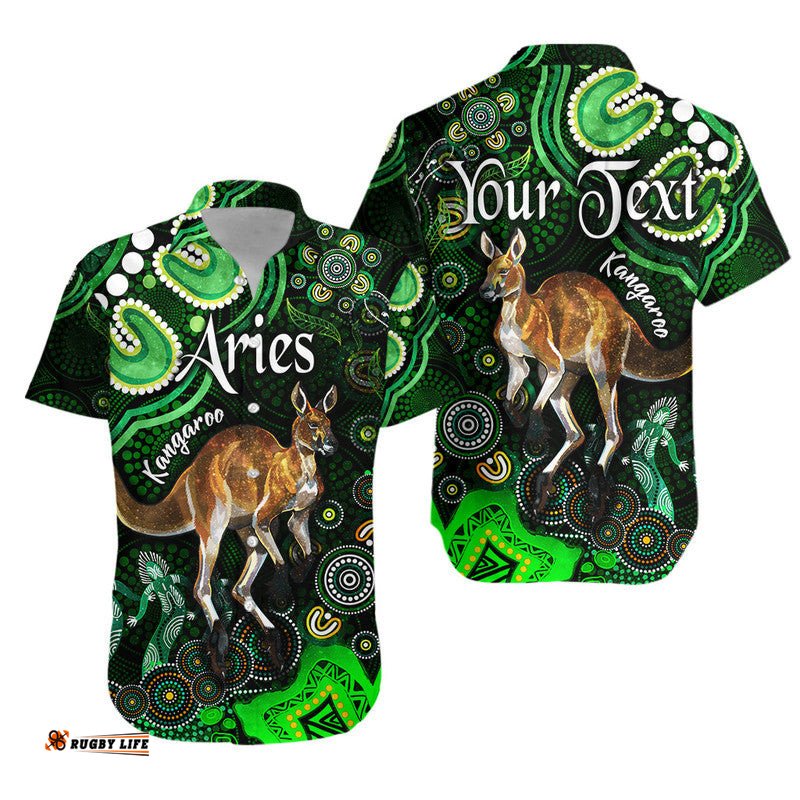 Custom Personalised Australian Astrology Hawaiian Shirt Aries Kangaroo Zodiac Aboriginal Vibes Green