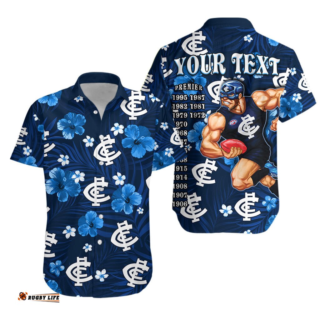 Custom Personalised Blues Football Hawaiian Shirt Carlton Premiers Tropical Flowers Impressive