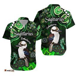 Australian Astrology Hawaiian Shirt Sagittarius Kookaburra Zodiac Aboriginal Vibes Green