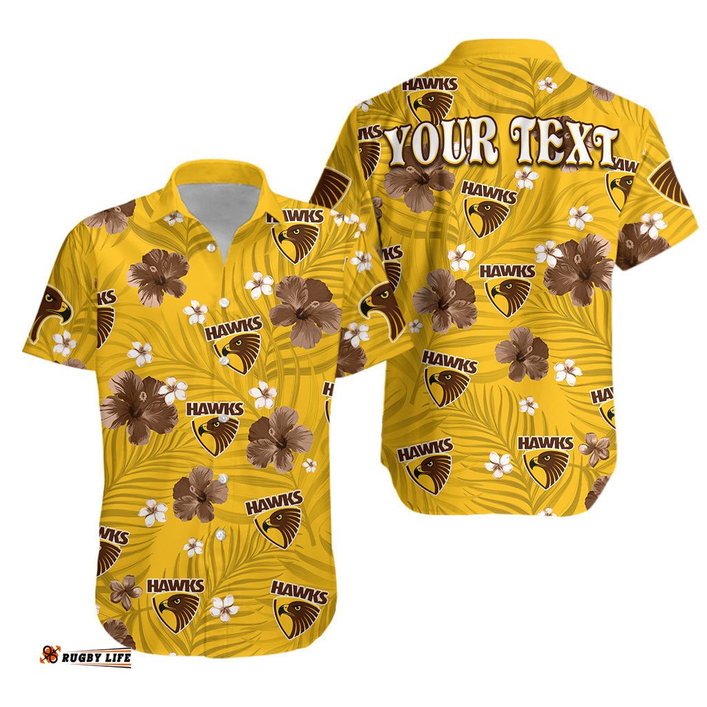 Custom Personalised Hawks Football Hawaiian Shirt Hawthorn Premiers Tropical Flowers Simple