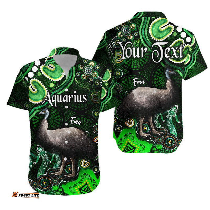 Custom Personalised Australian Astrology Hawaiian Shirt Aquarius Emu Glider Zodiac Aboriginal Vibes Green