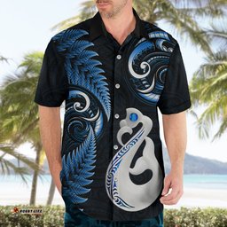 Personalised New Zealand Hawaiian Shirt Aotearoa Silver Fern With Manaia Maori Unique Blue