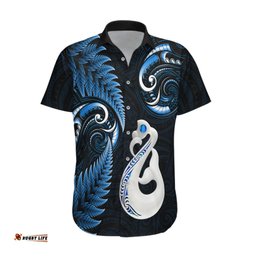 Personalised New Zealand Hawaiian Shirt Aotearoa Silver Fern With Manaia Maori Unique Blue