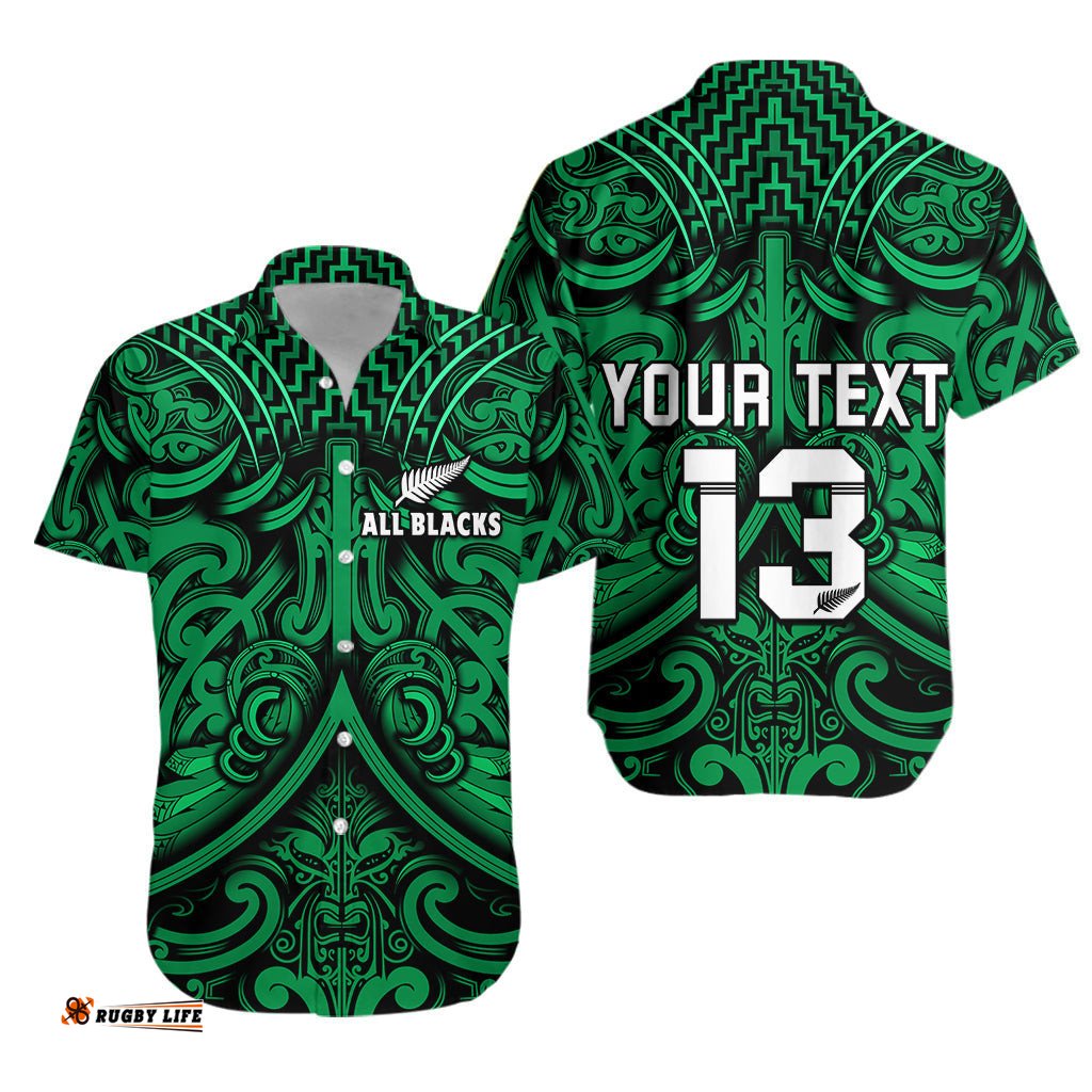 Custom Text and Number New Zealand Silver Fern Rugby Hawaiian Shirt All Black Green NZ Maori Pattern